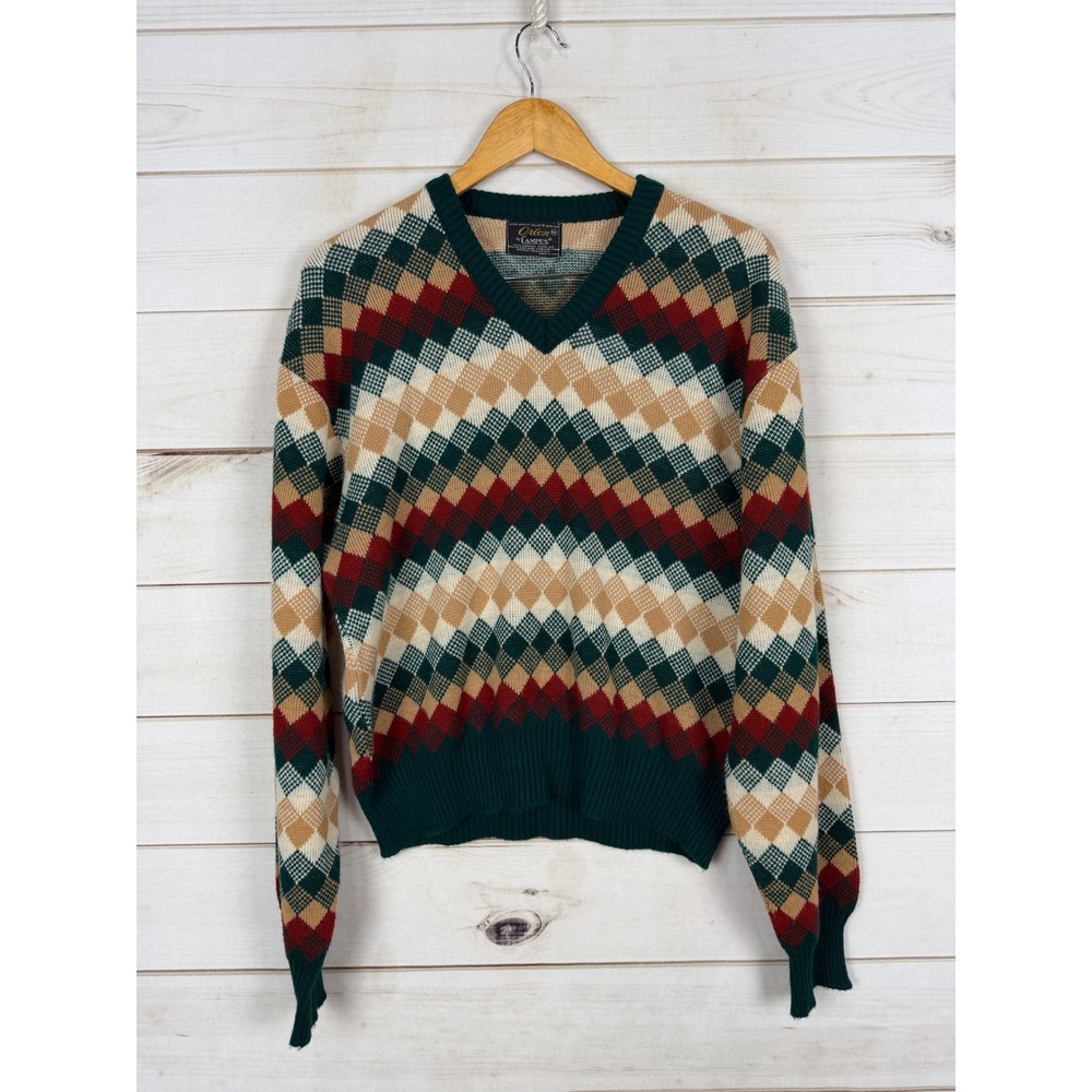 Vintage Orlon Sweater Mens XL Green Burgundy Argyle V-Neck USA Made